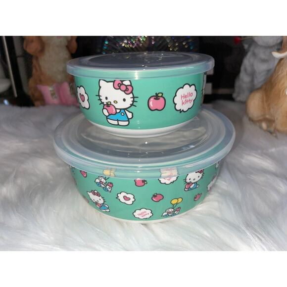 HTF Hello Kitty Set of 2 Ceramic Food Storage Bowls Vented Lid Pastel Apples SML - Picture 1 of 8